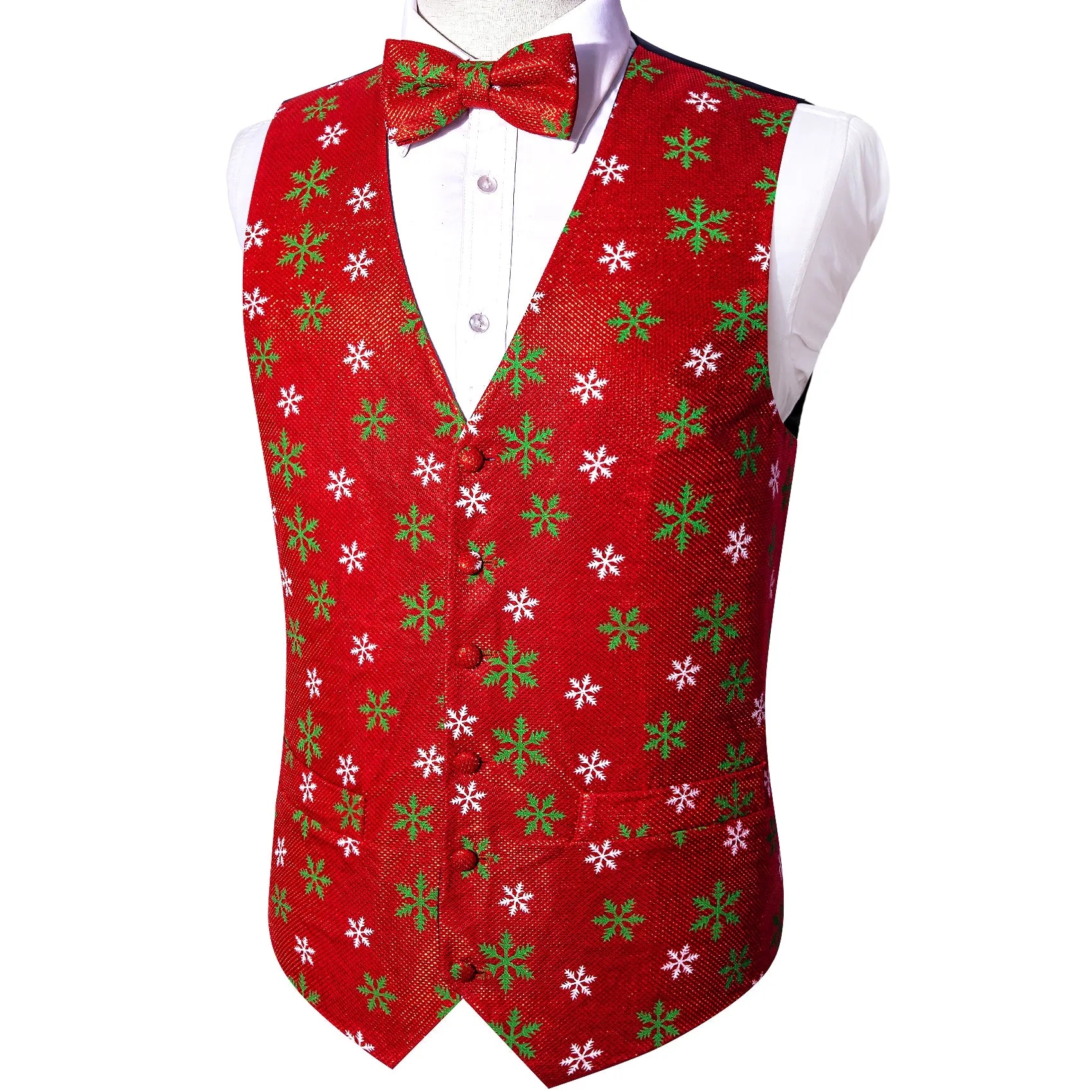 Christmas Red Green Snow Floral Jacquard Silk Men's Vest Bow Tie Set Waistcoat Suit Set