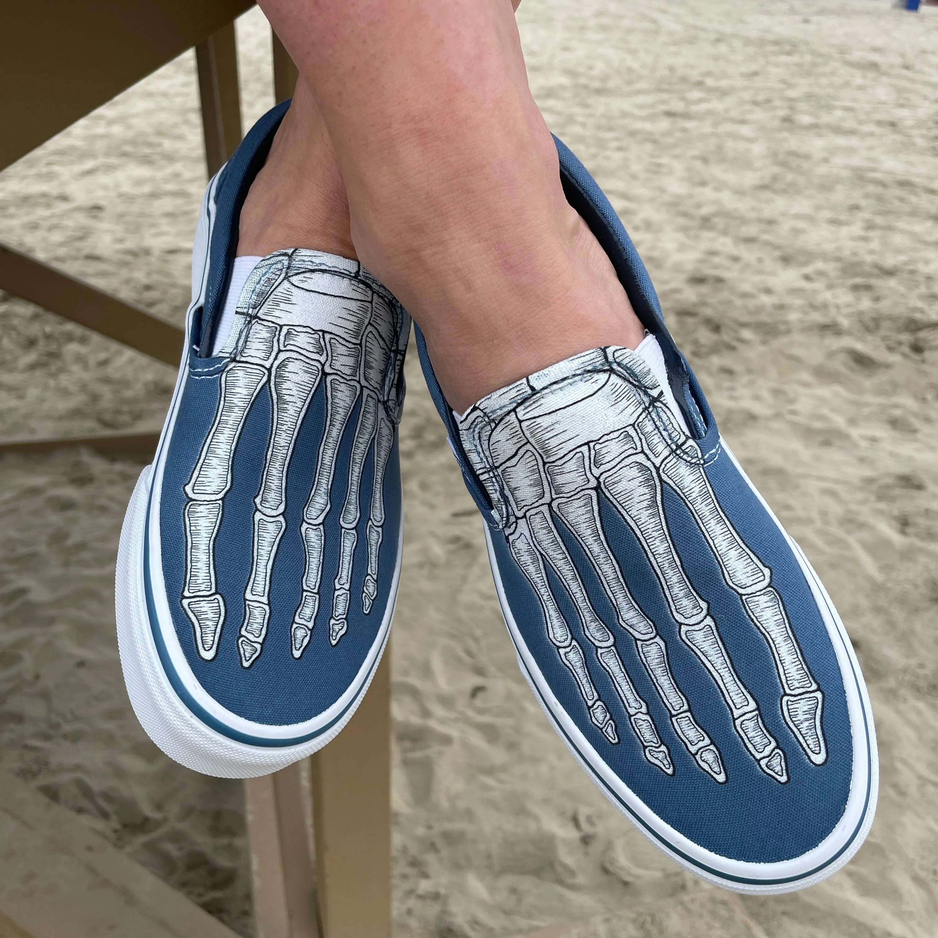 Custom Skeleton Feet X-Ray Navy Slip Ons - Custom Vans Shoes