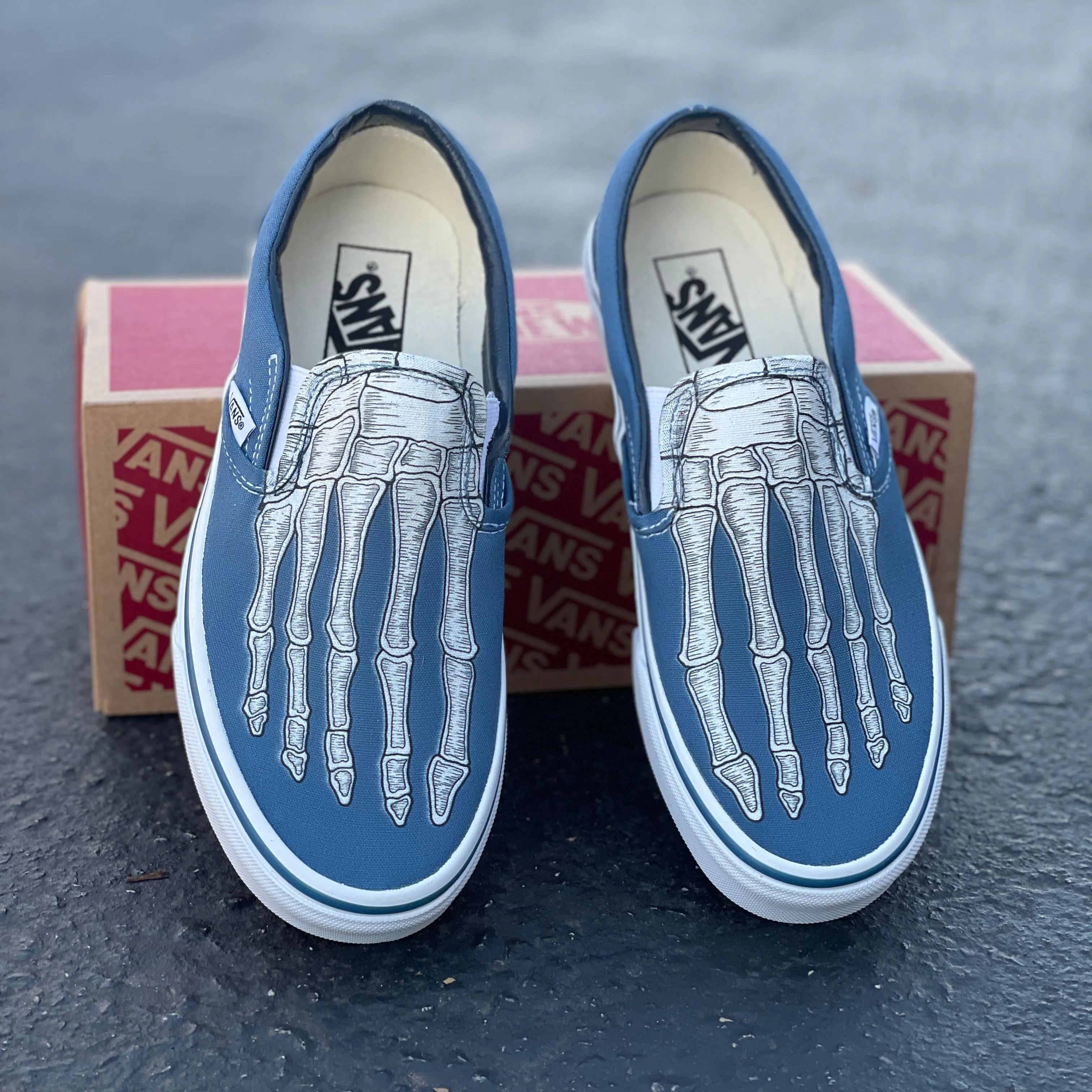 Custom Skeleton Feet X-Ray Navy Slip Ons - Custom Vans Shoes