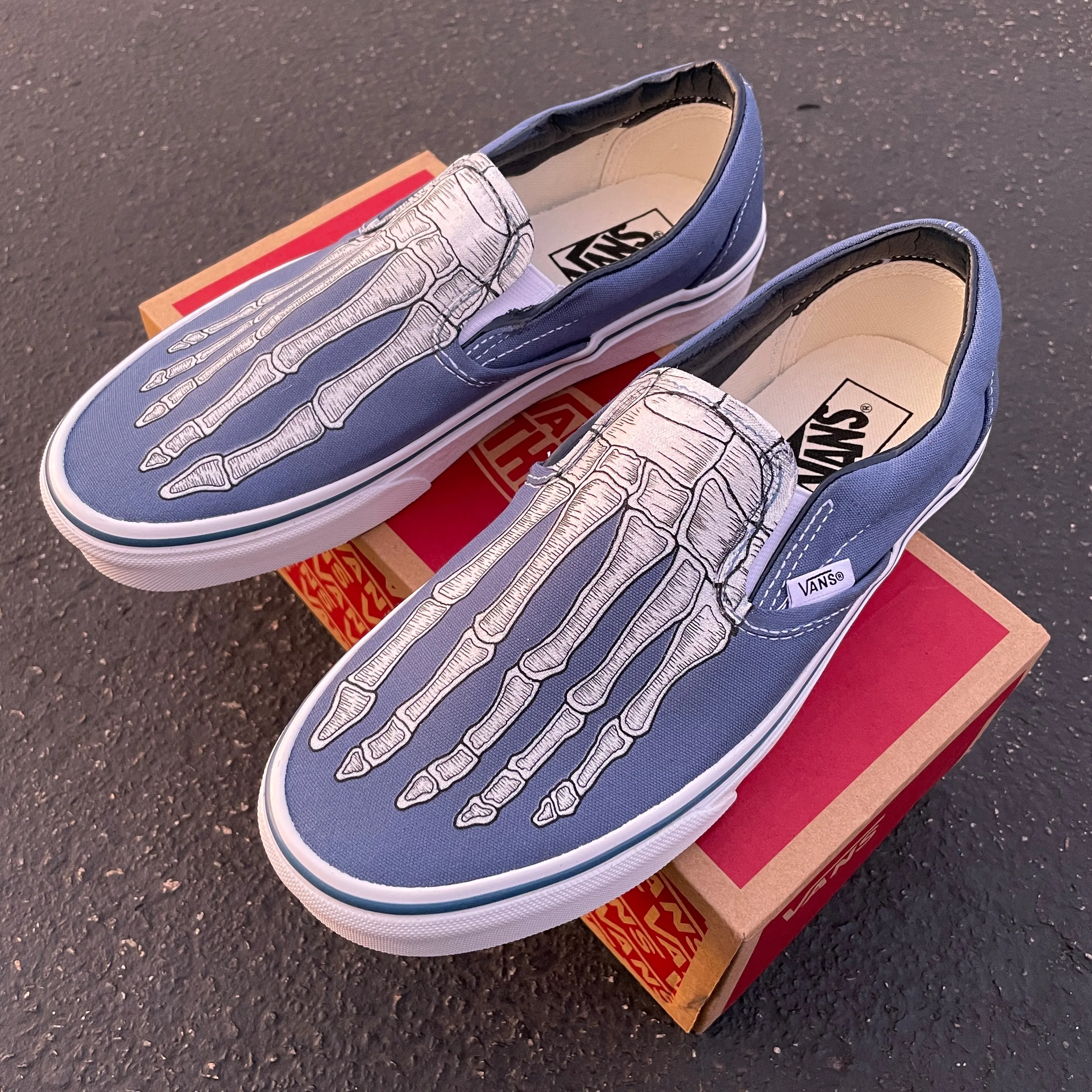 Custom Skeleton Feet X-Ray Navy Slip Ons - Custom Vans Shoes