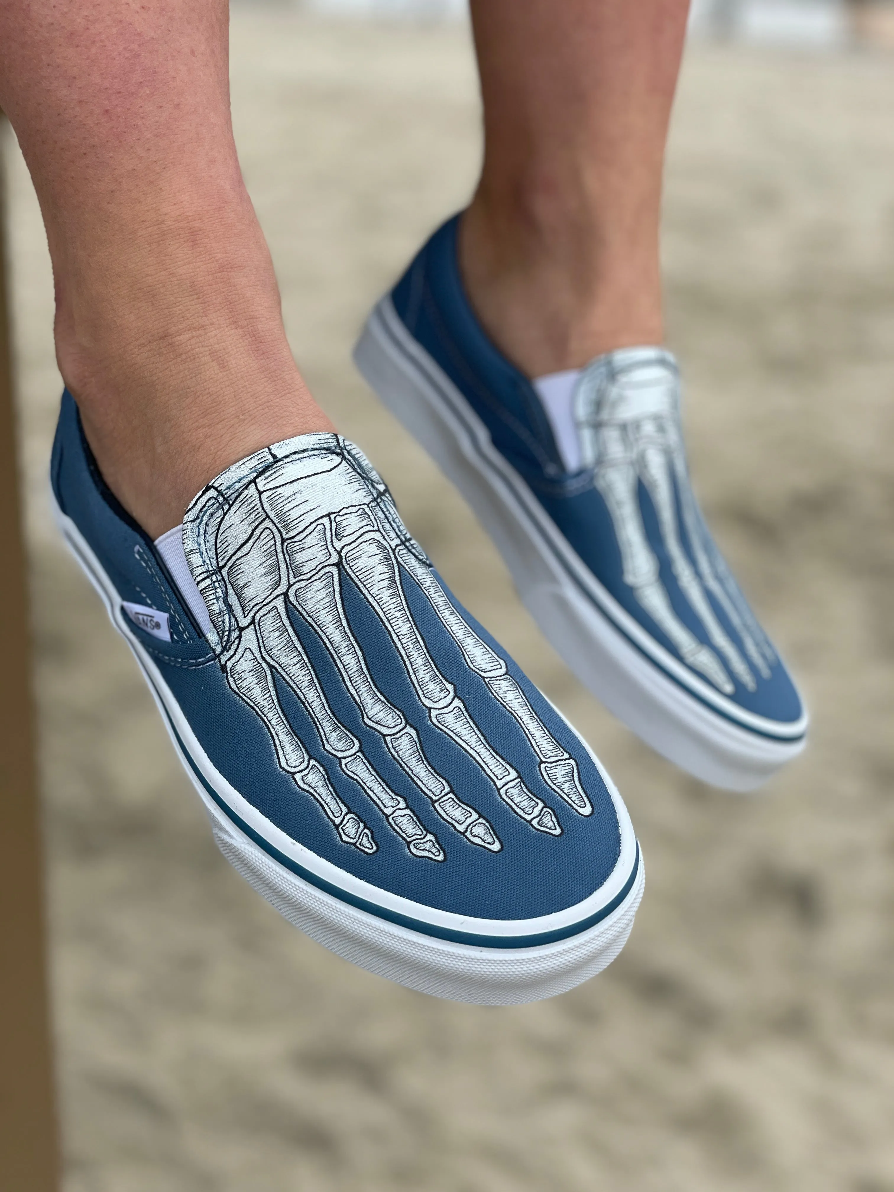 Custom Skeleton Feet X-Ray Navy Slip Ons - Custom Vans Shoes