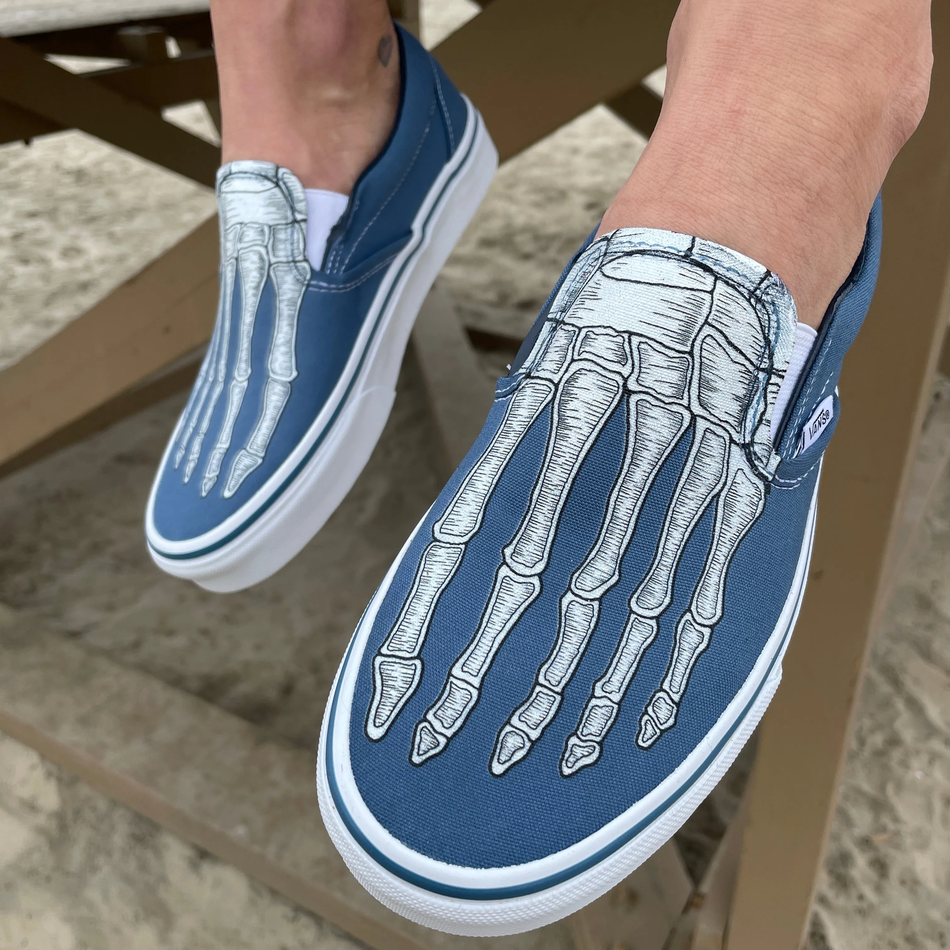 Custom Skeleton Feet X-Ray Navy Slip Ons - Custom Vans Shoes