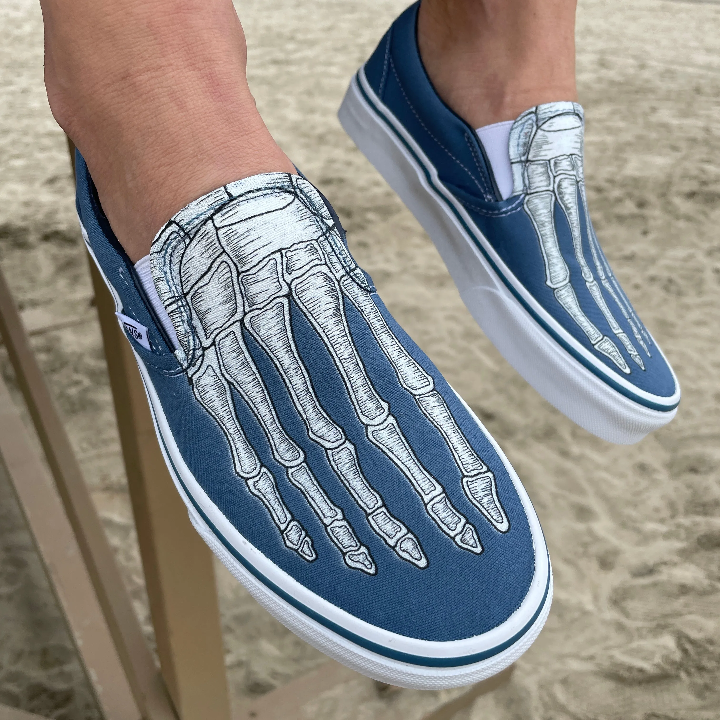 Custom Skeleton Feet X-Ray Navy Slip Ons - Custom Vans Shoes