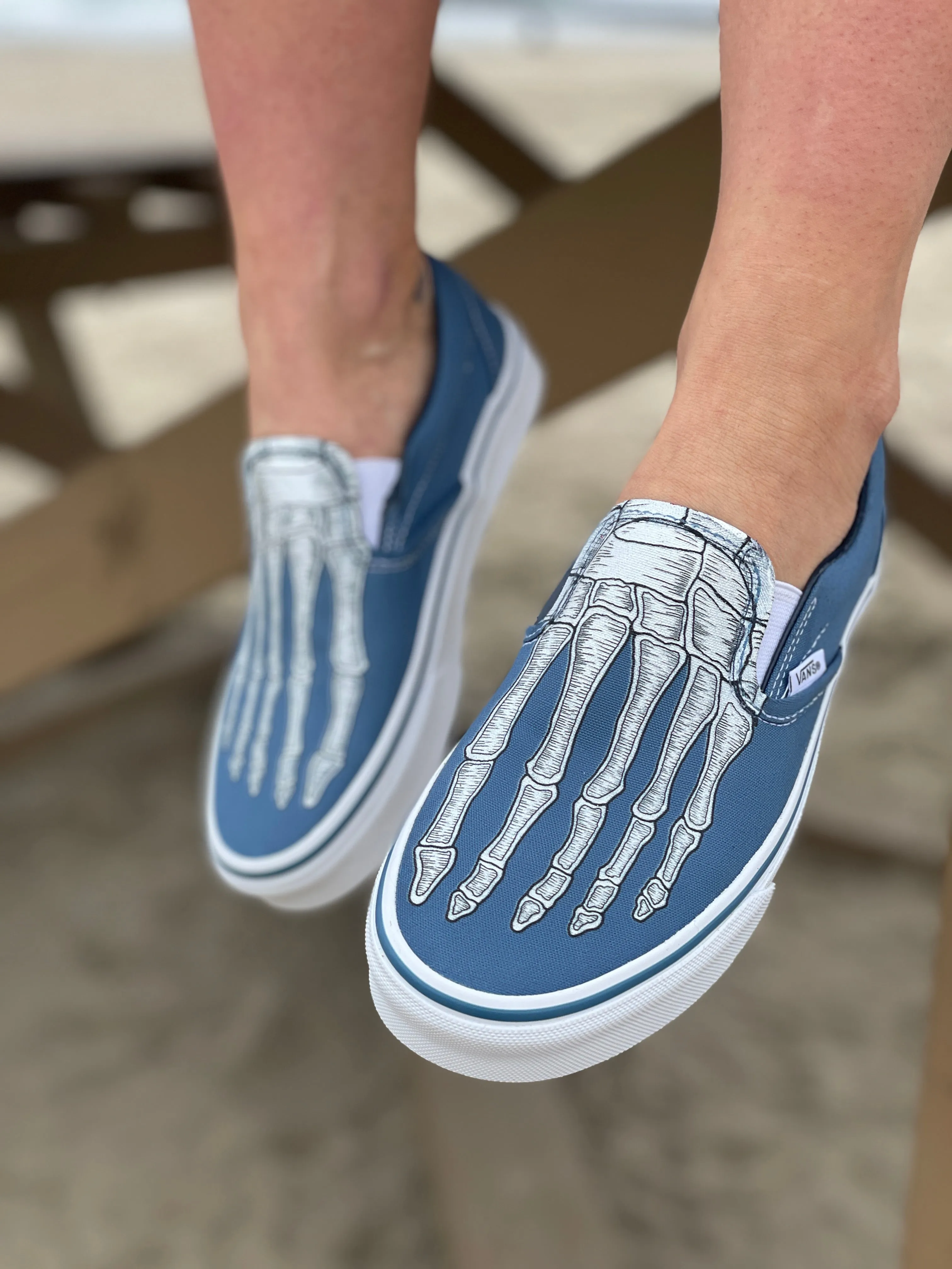 Custom Skeleton Feet X-Ray Navy Slip Ons - Custom Vans Shoes