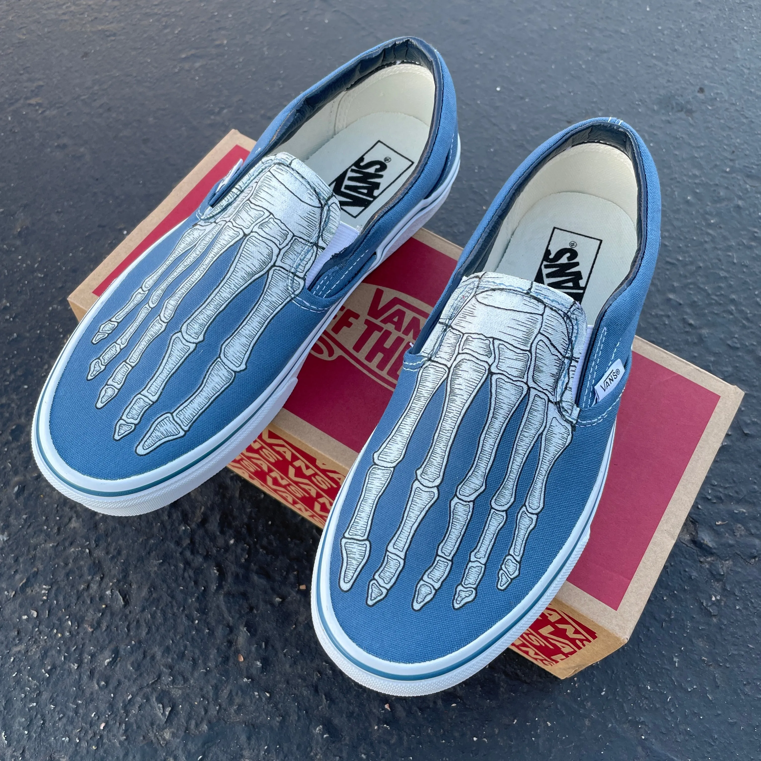 Custom Skeleton Feet X-Ray Navy Slip Ons - Custom Vans Shoes