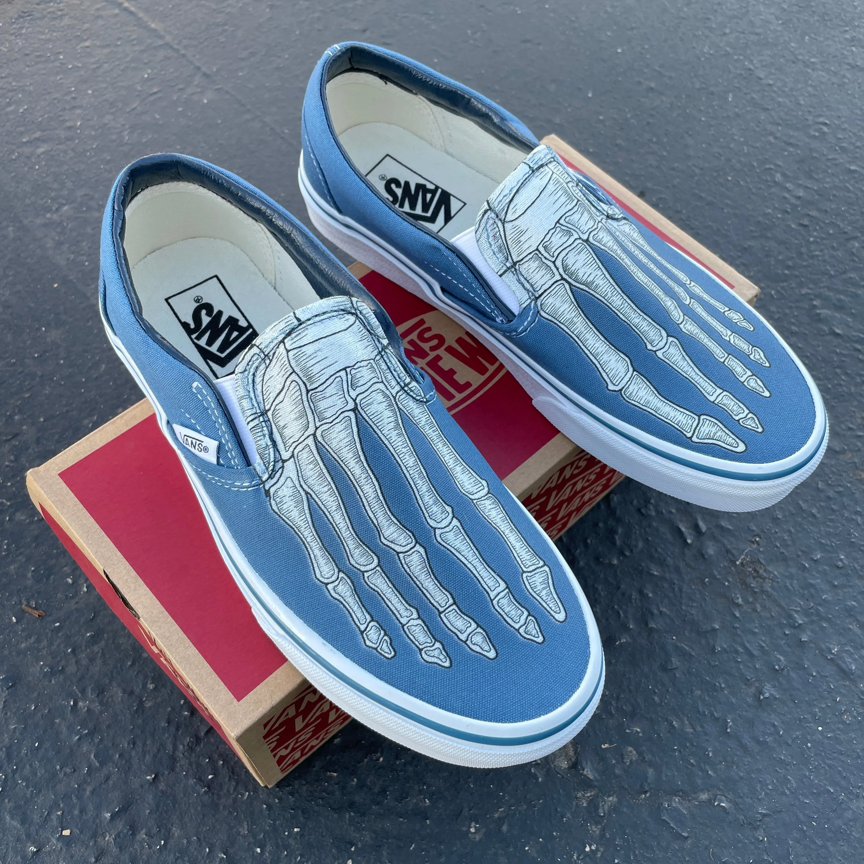 Custom Skeleton Feet X-Ray Navy Slip Ons - Custom Vans Shoes