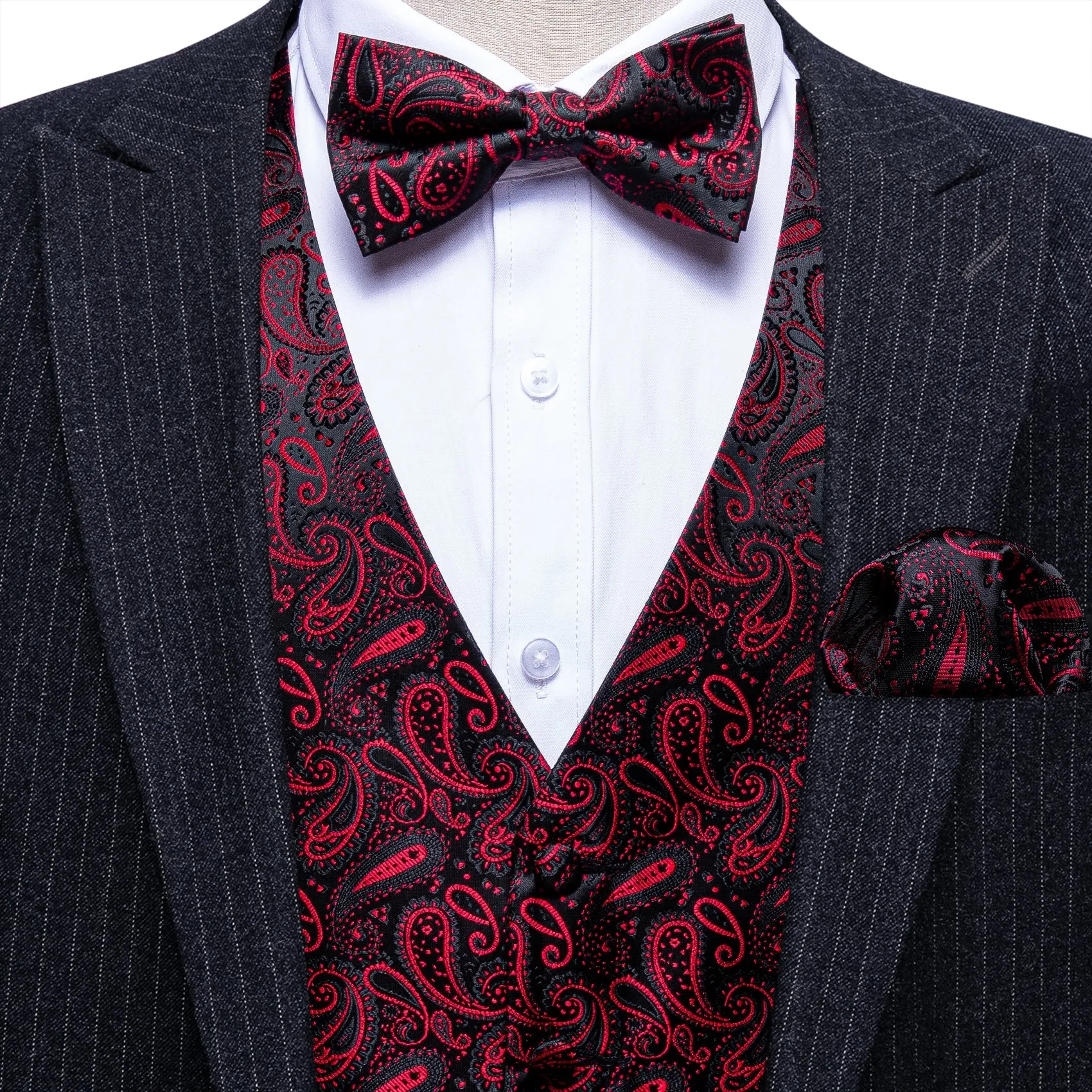 Dark Red Black Paisley Silk Men's Vest Bow Tie Handkerchief Cufflinks Set