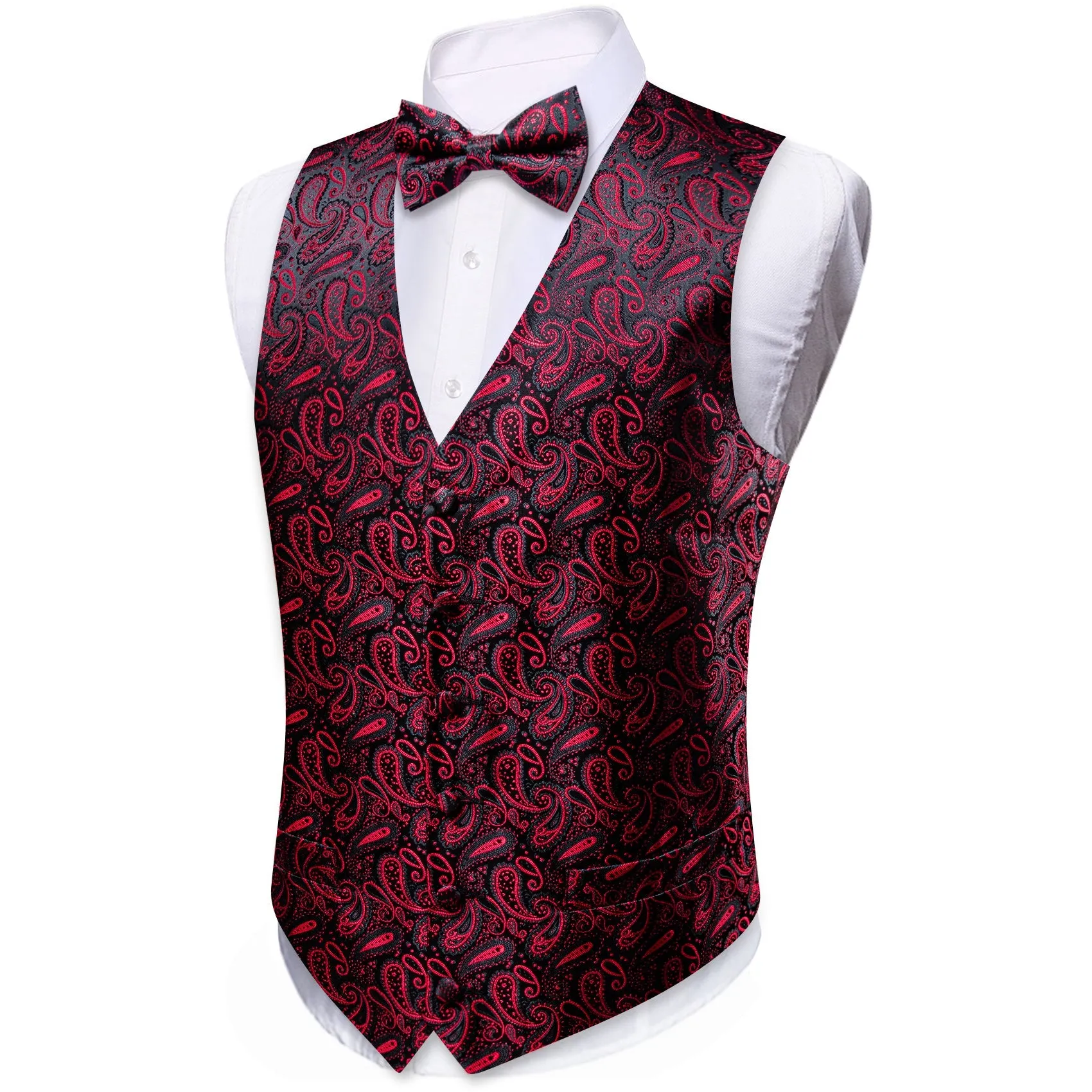 Dark Red Black Paisley Silk Men's Vest Bow Tie Handkerchief Cufflinks Set