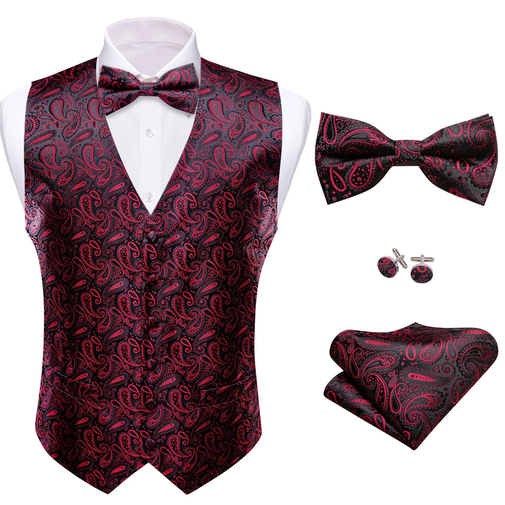 Dark Red Black Paisley Silk Men's Vest Bow Tie Handkerchief Cufflinks Set