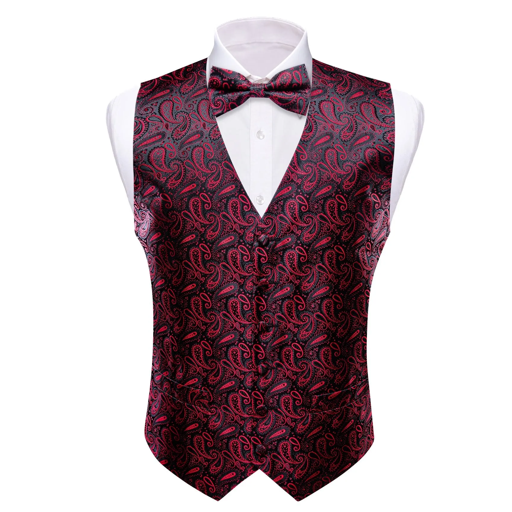 Dark Red Black Paisley Silk Men's Vest Bow Tie Handkerchief Cufflinks Set