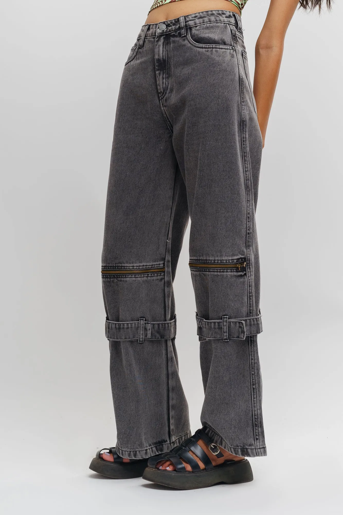 Denim Charcoal Open Zip Straight Fit Pants