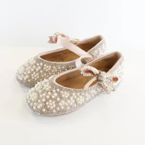 Doe A Dear PINK & BEIGE Bowtie Strap Jewel Flat Girls Dress Shoes