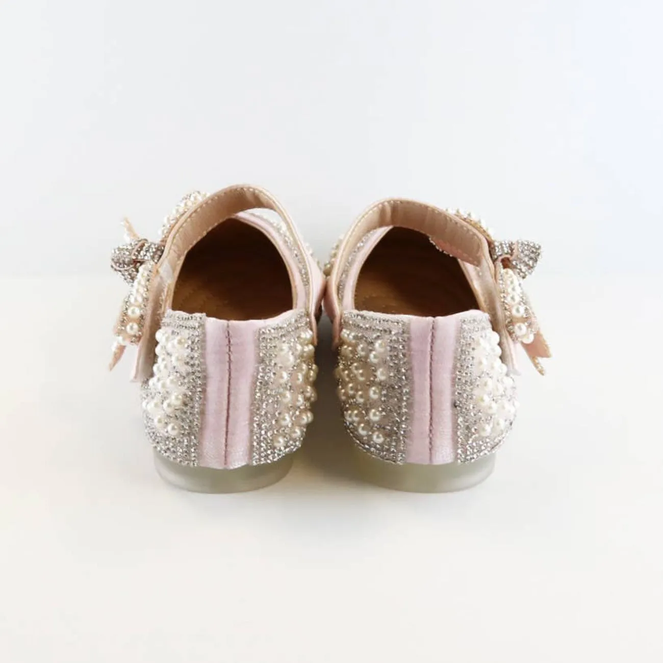 Doe A Dear PINK & BEIGE Bowtie Strap Jewel Flat Girls Dress Shoes