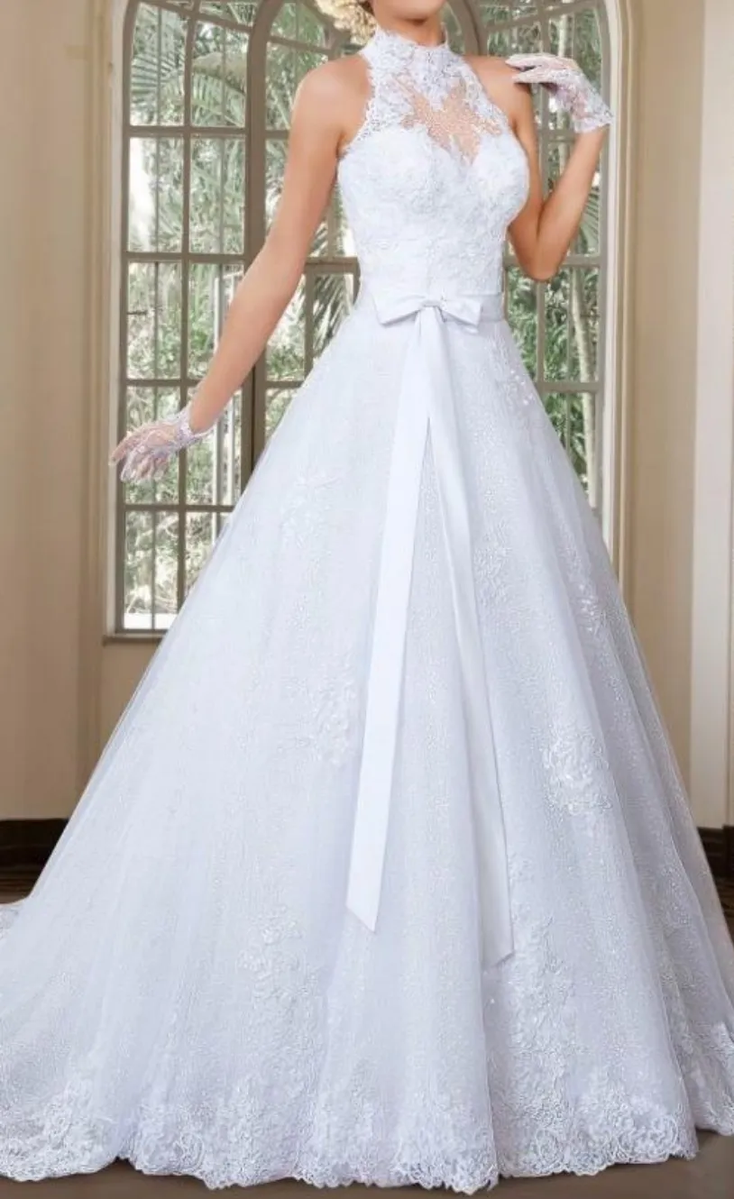 Elegant A Line High Neck Wedding Dress with Detachable Skirt