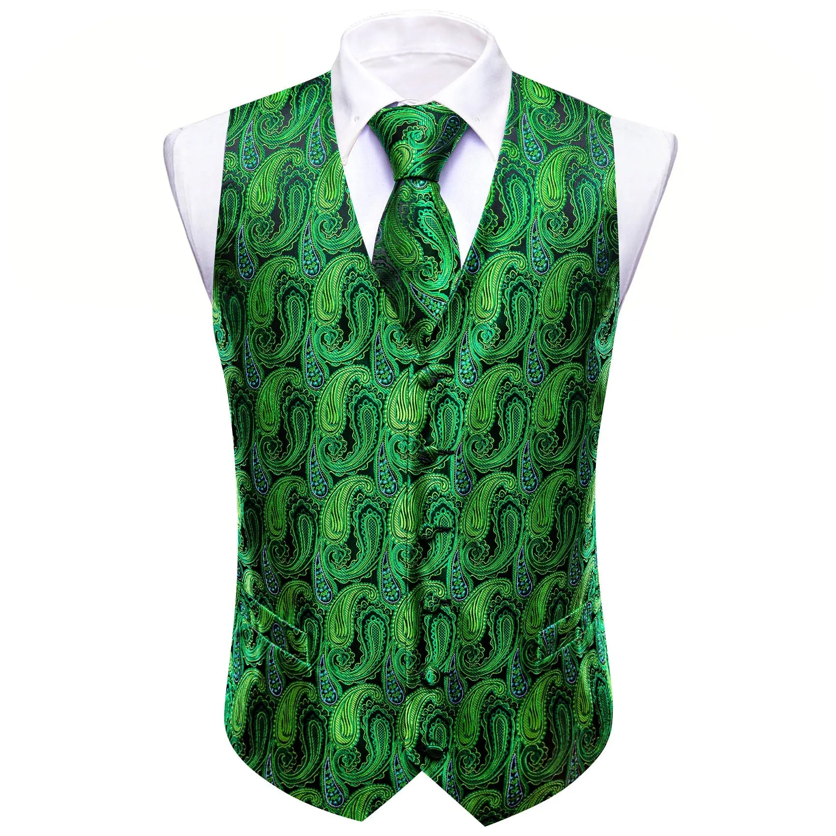 Emerald Green Paisley Silk Men's Vest Necktie Set Waistcoat Suit Set