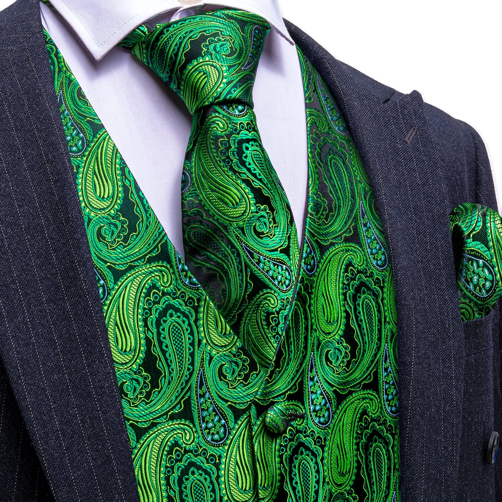 Emerald Green Paisley Silk Men's Vest Necktie Set Waistcoat Suit Set