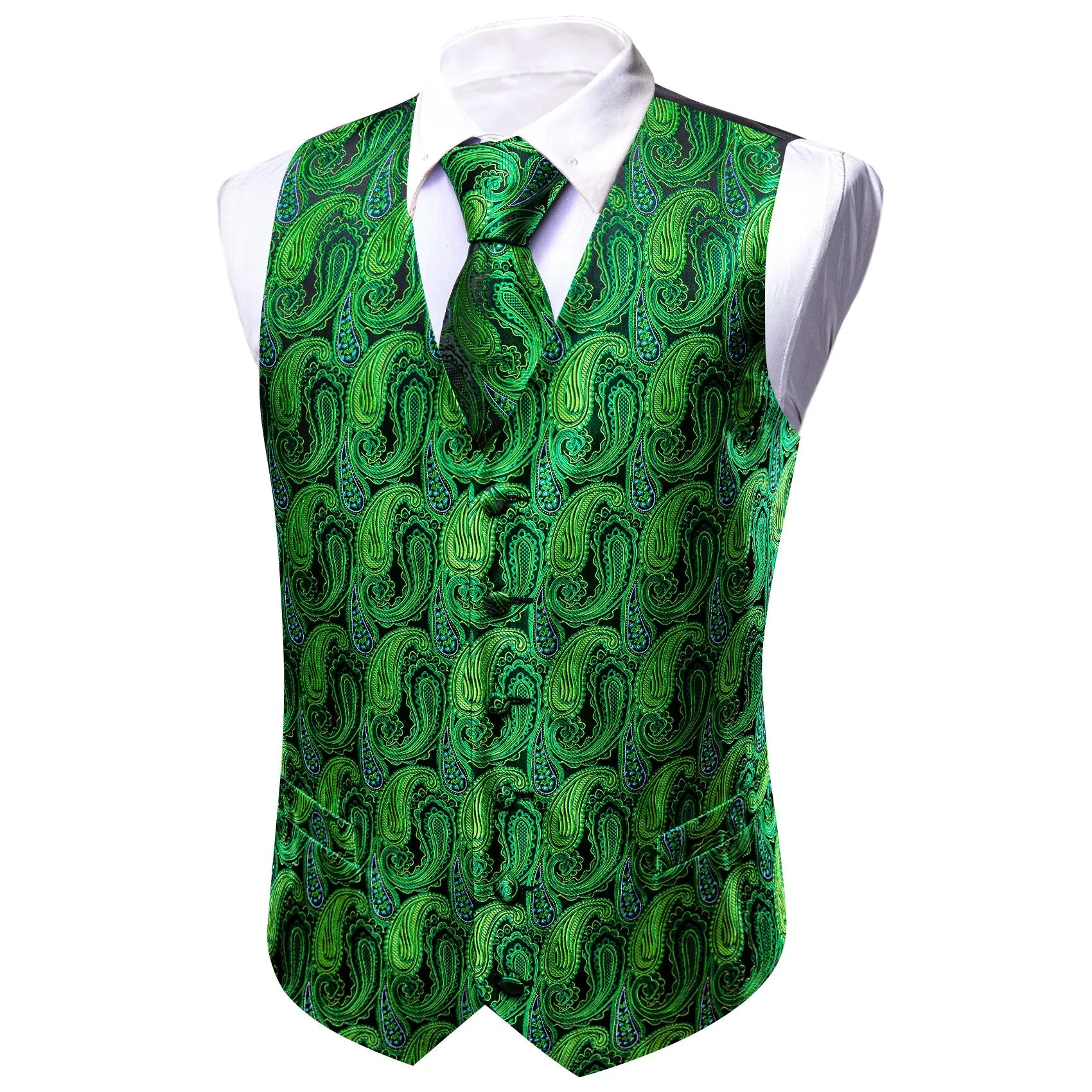 Emerald Green Paisley Silk Men's Vest Necktie Set Waistcoat Suit Set