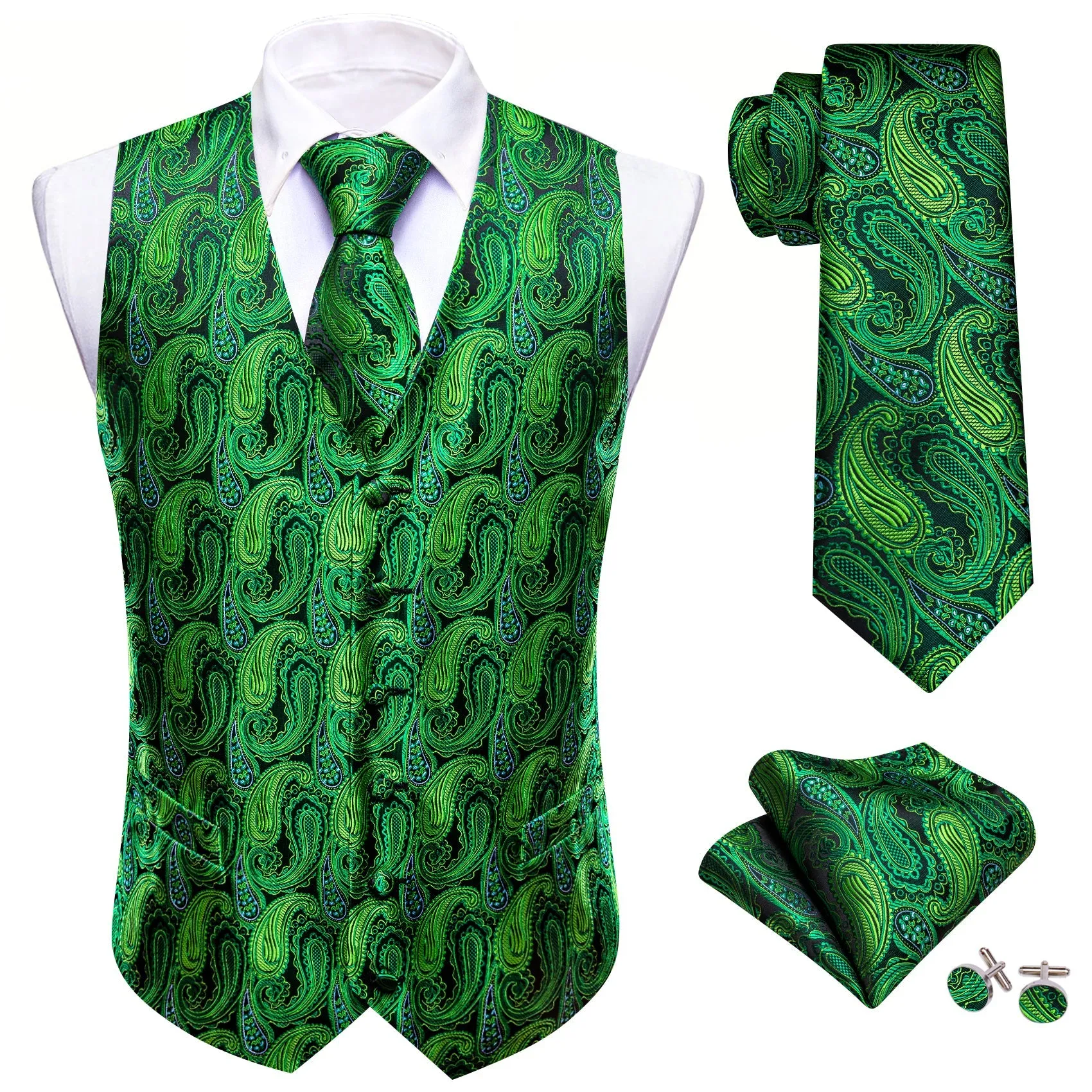 Emerald Green Paisley Silk Men's Vest Necktie Set Waistcoat Suit Set