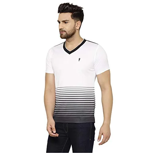 EPPE Men's V-Neck White Black Super Soft Micro Polyester Half Sleeves Sports Casual T-Shirt