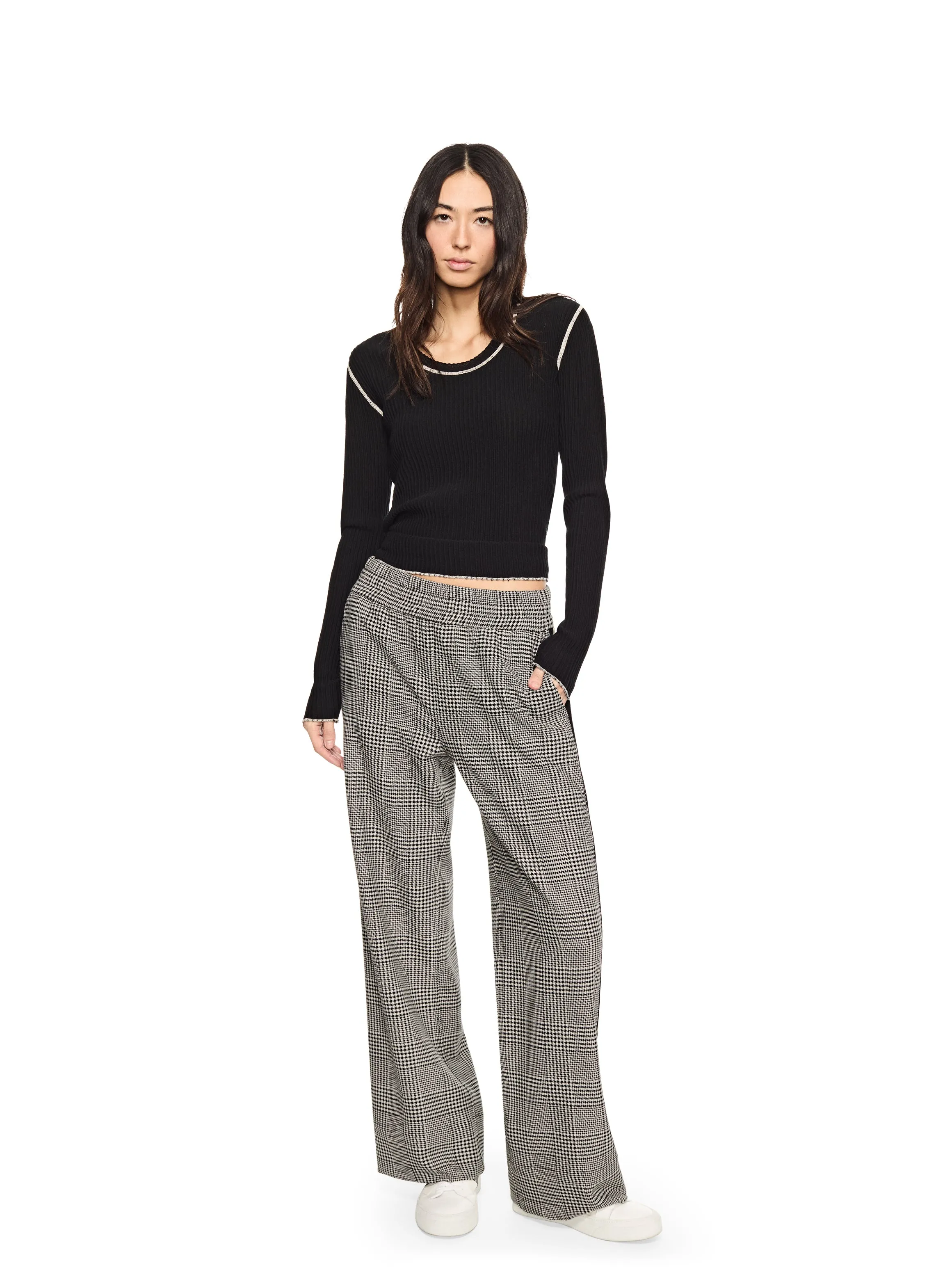 Glen Plaid Wide-Leg Track Pant With Side Tape Detail