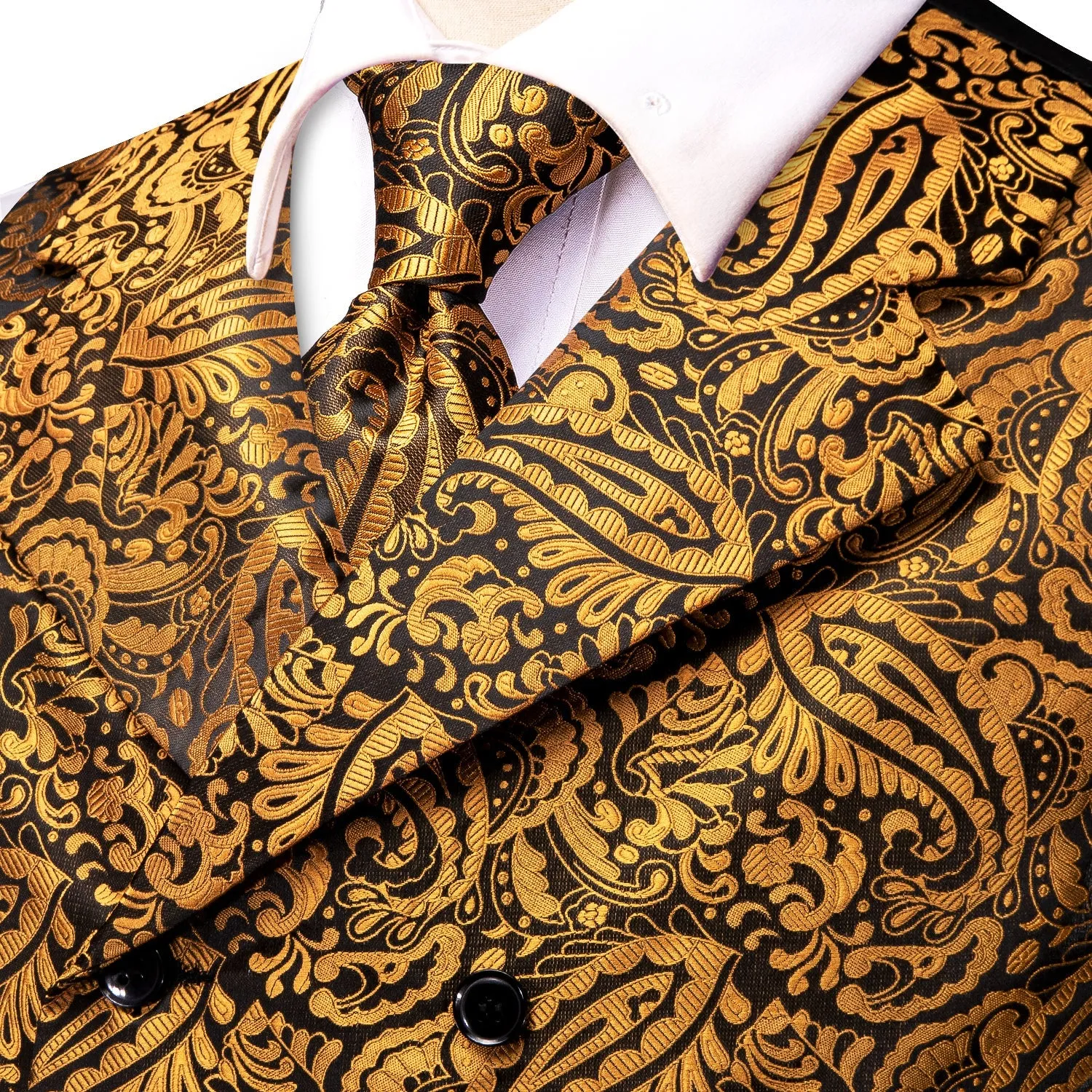 GoldEnrod Black Paisley Jacquard Silk Men's Vest Hanky Cufflinks Tie Set