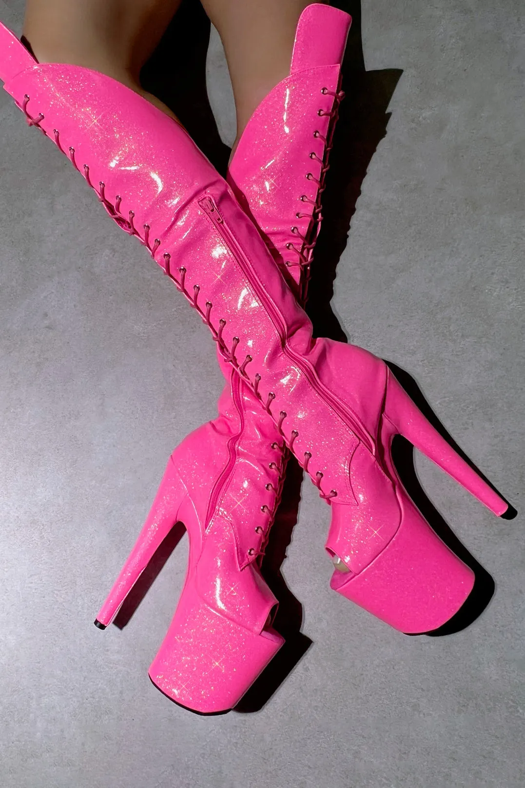 Hella Heels The Glitterati Open Toe Over Knee 8inch Boots - Juicy Pink Burst