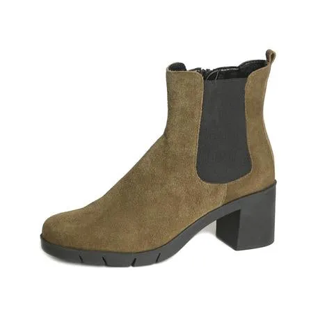 Italian Suede Block Heel Bootie | Olive Suede