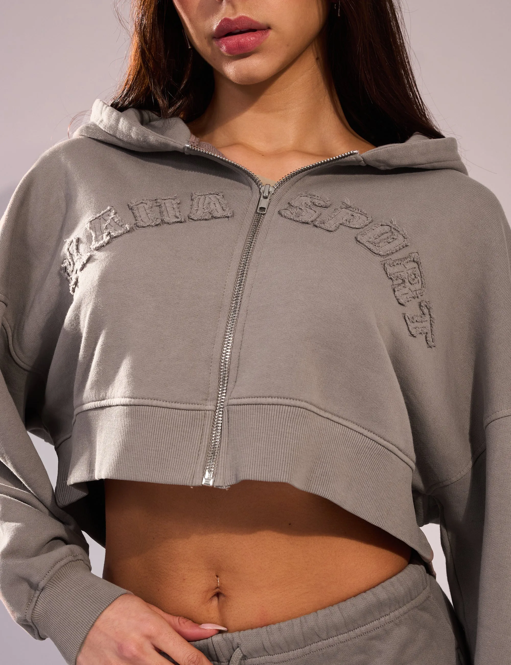 Kaiia Sport Distressed Applique Cropped Hoodie Mushroom