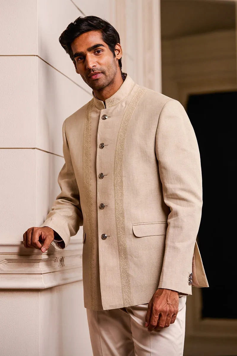 Khaki Linen Bandhgala With Front Dori Embroidery