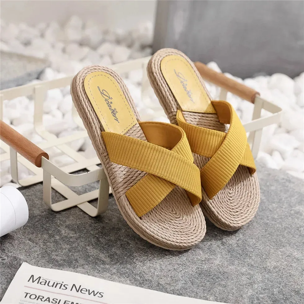 Ladies New Slippers Summer Cross Drag Fashion Hemp Rope Outer Wear Slippers Casual Sandals and Slippers