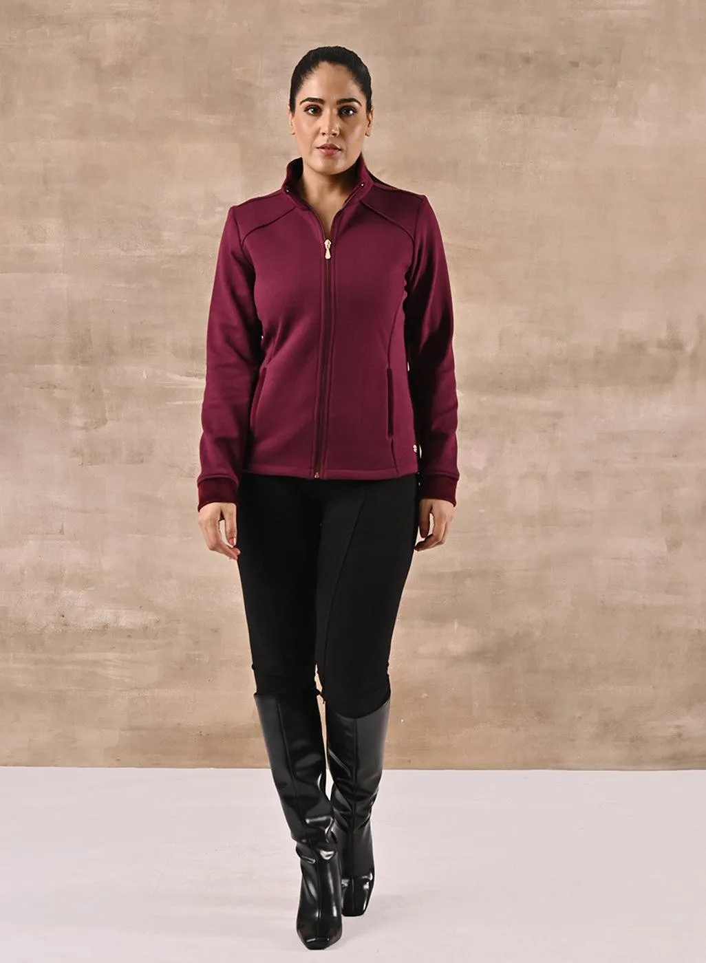 Maroon Zip-front High-neck Regular Jacket with Pockets