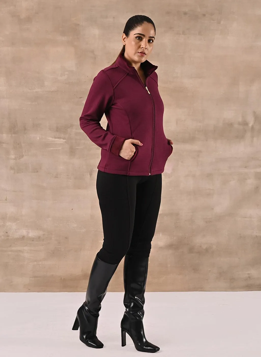 Maroon Zip-front High-neck Regular Jacket with Pockets