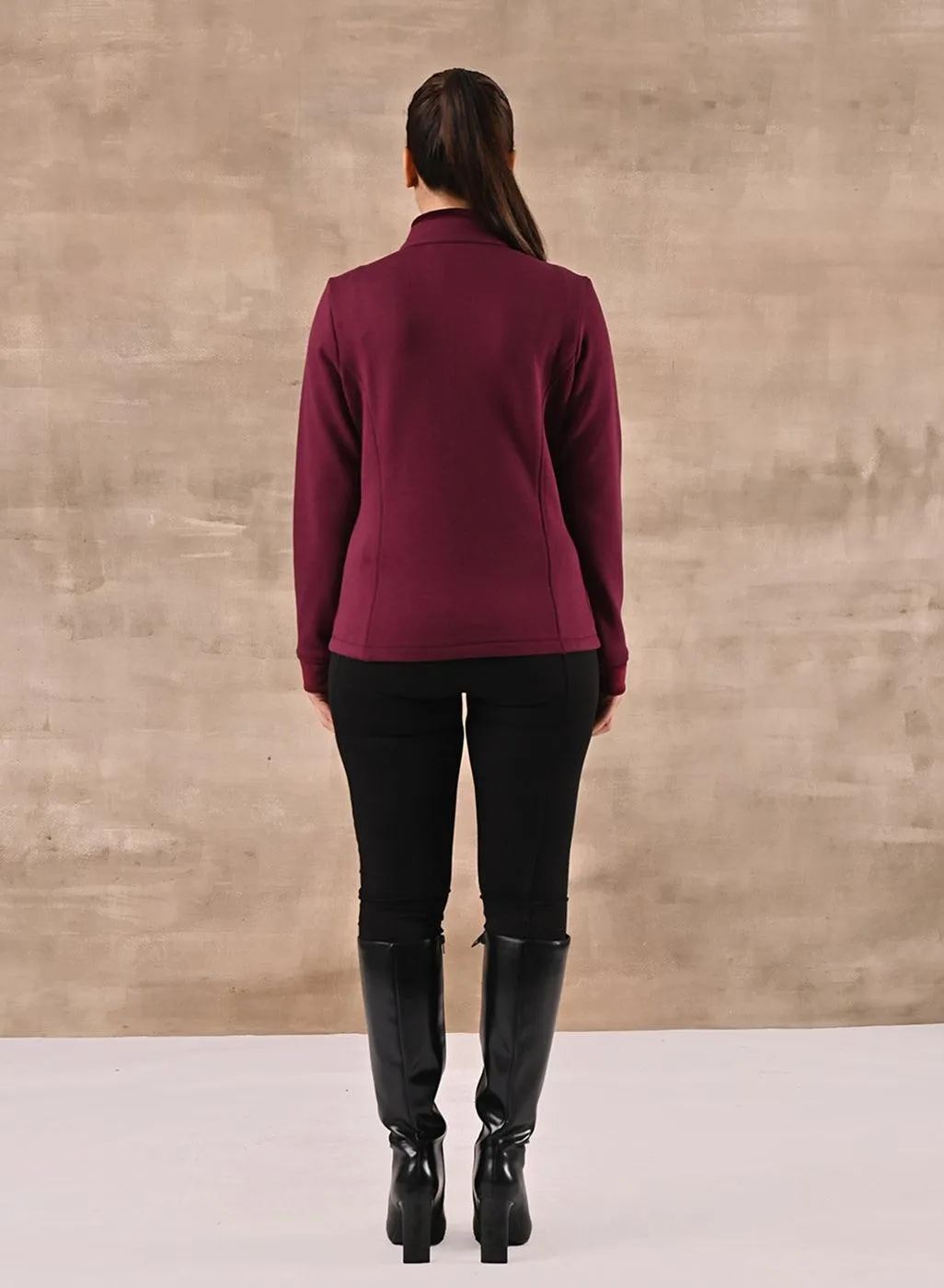 Maroon Zip-front High-neck Regular Jacket with Pockets