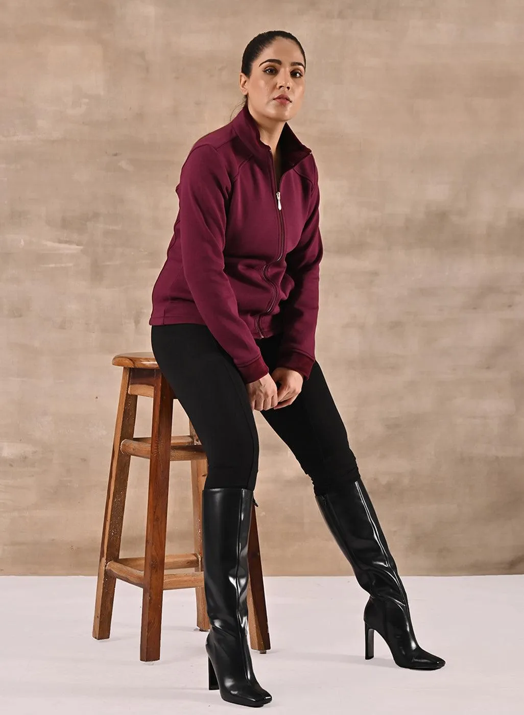 Maroon Zip-front High-neck Regular Jacket with Pockets