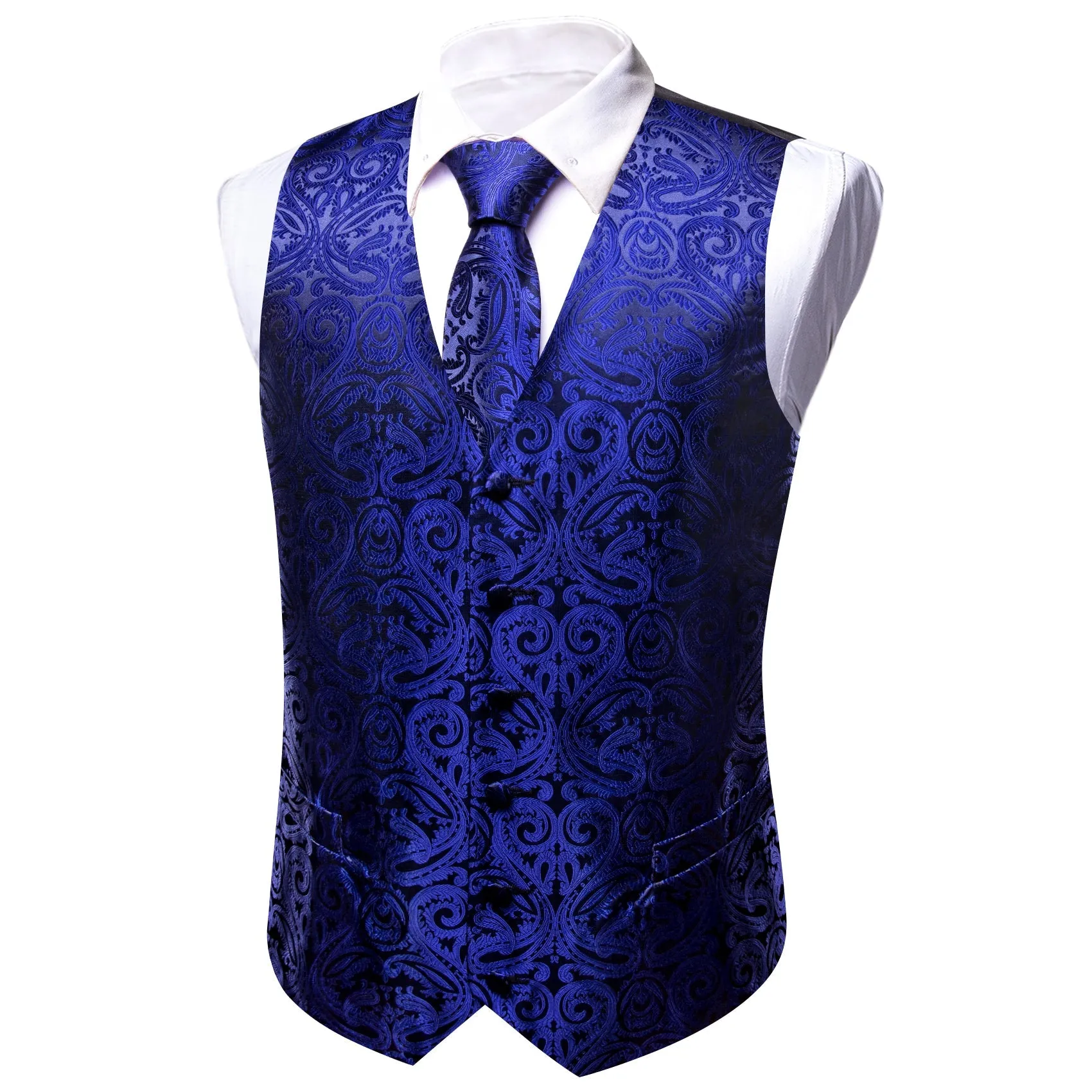 MediumBlue Paisley Silk Men's Vest Necktie Set Waistcoat Suit Set