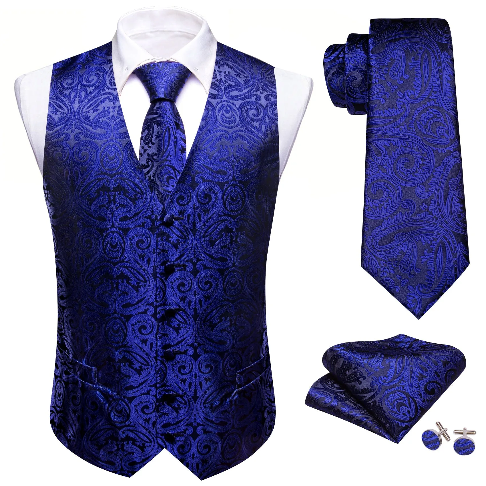 MediumBlue Paisley Silk Men's Vest Necktie Set Waistcoat Suit Set