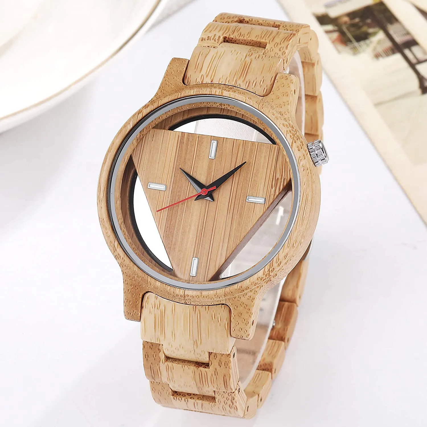 Men'S Wooden Watches Inverted Triangle Wood Watch for Mens Minimalist Quartz Watch Birthday Gifts