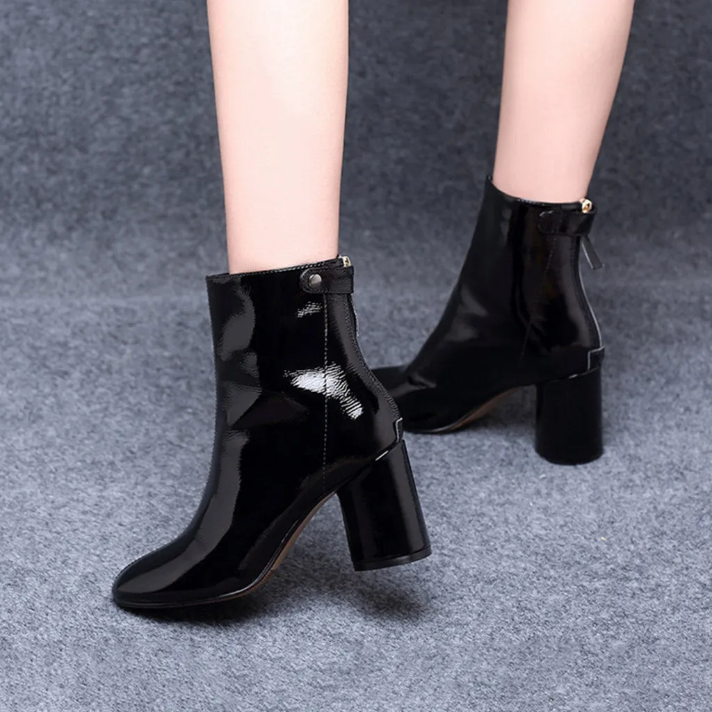 Mid-Heels Lacquered Leather Pointed Women Fashion Boots