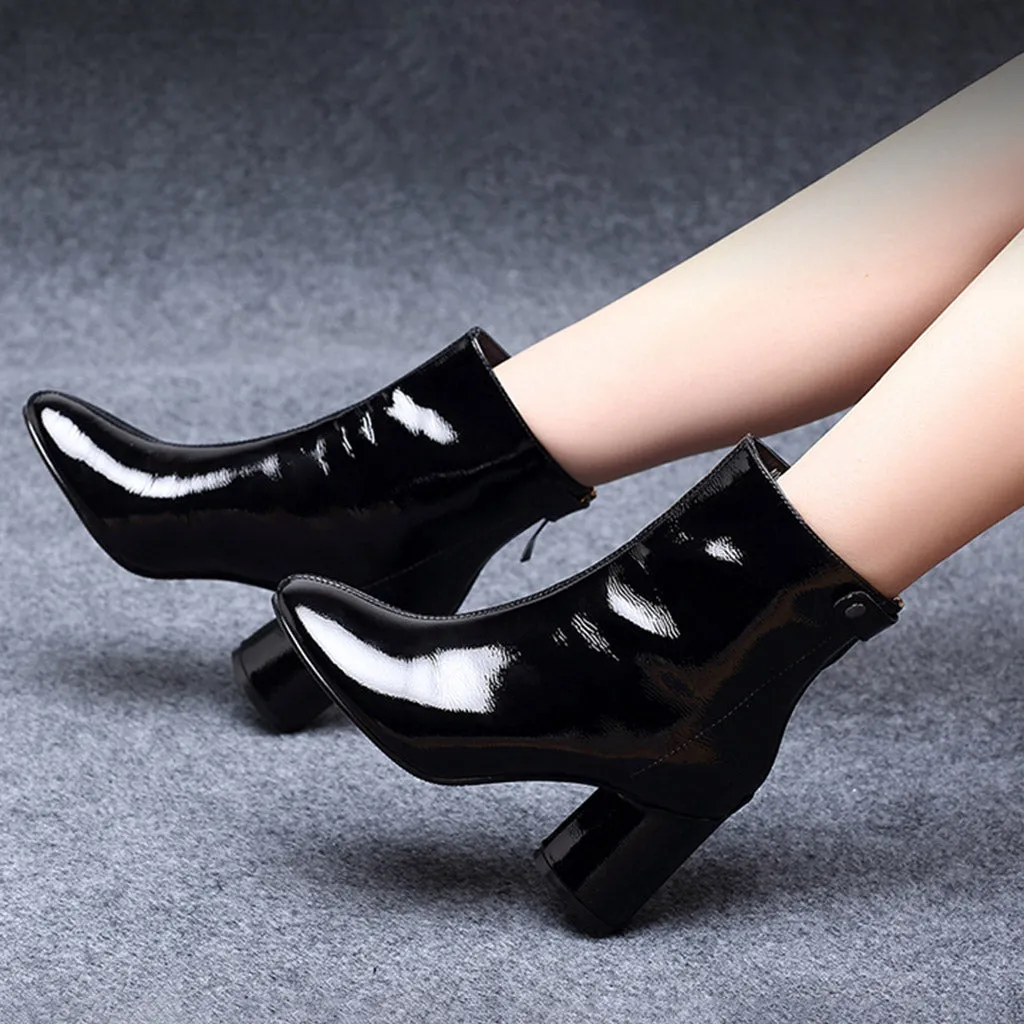 Mid-Heels Lacquered Leather Pointed Women Fashion Boots