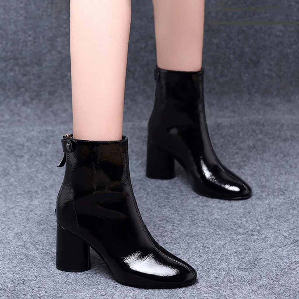 Mid-Heels Lacquered Leather Pointed Women Fashion Boots