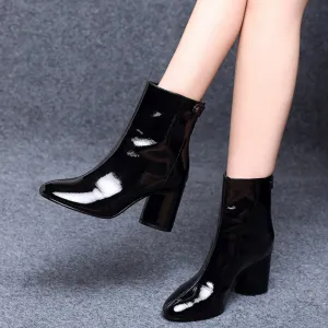 Mid-Heels Lacquered Leather Pointed Women Fashion Boots