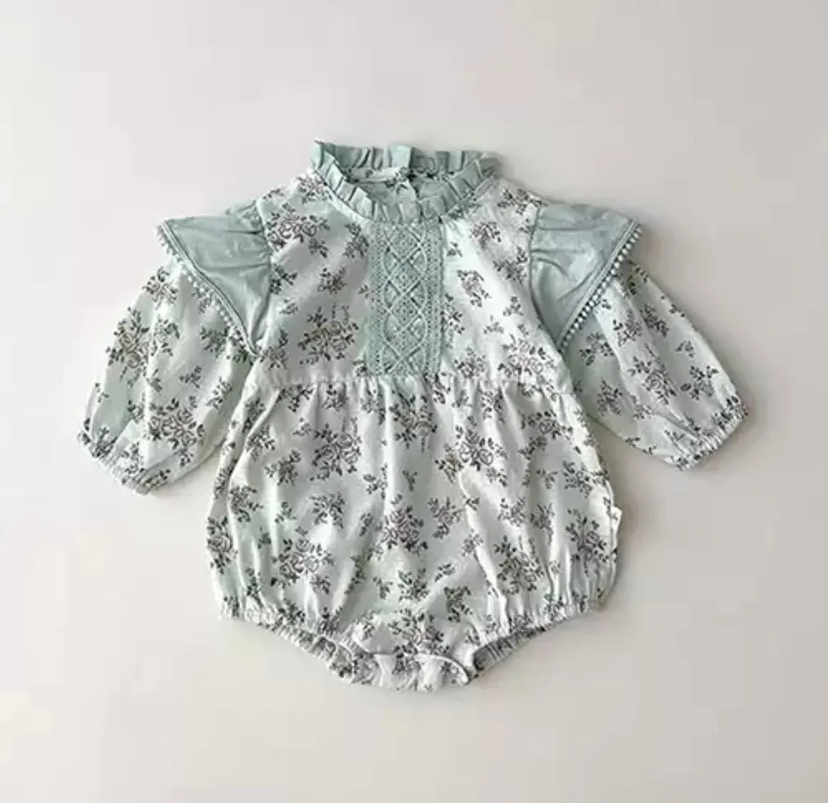 Mindy - Delicate Floral Lace & Frill High Collar Romper