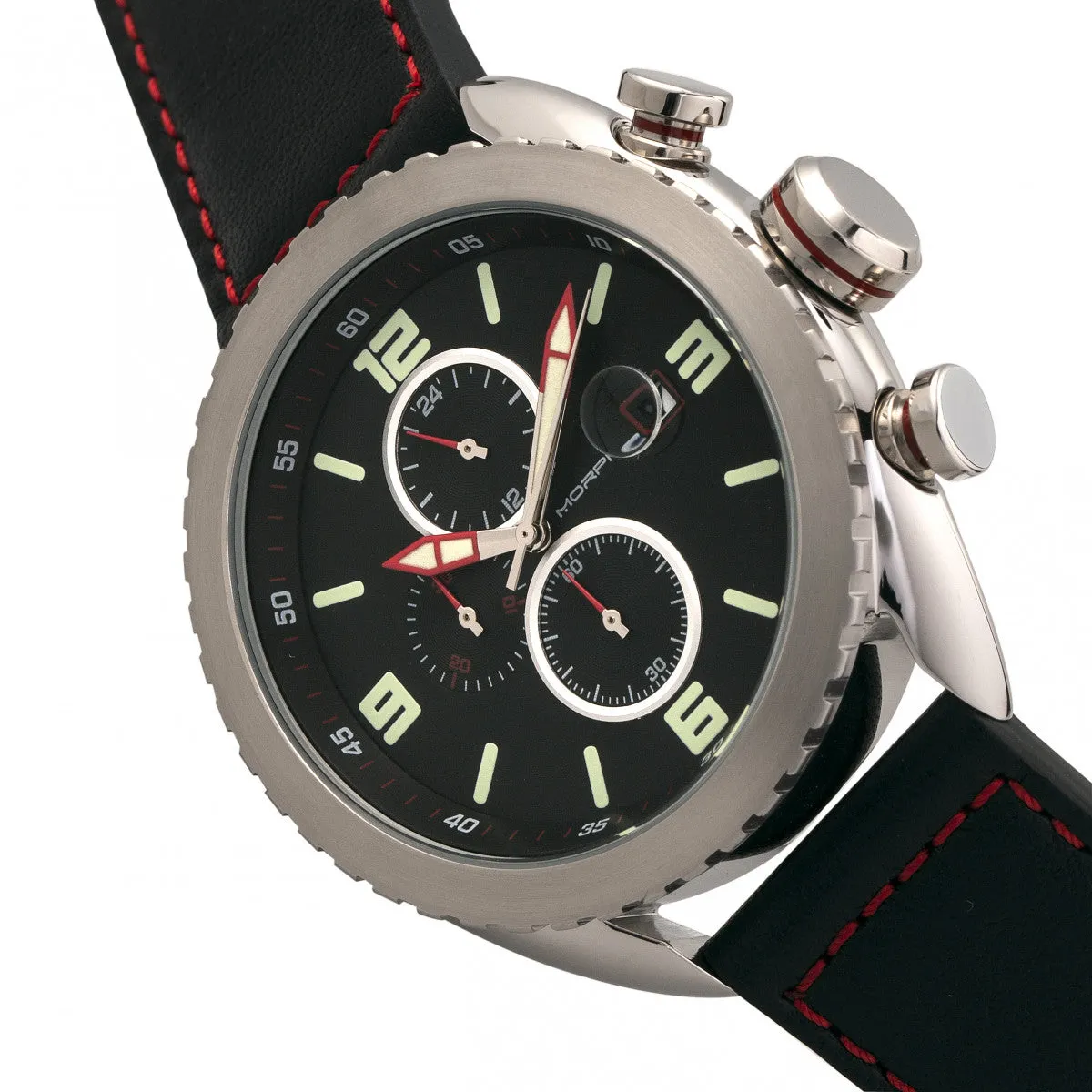 Morphic M64 Series Chronograph Leather-Band Watch w/ Date - Silver/Black