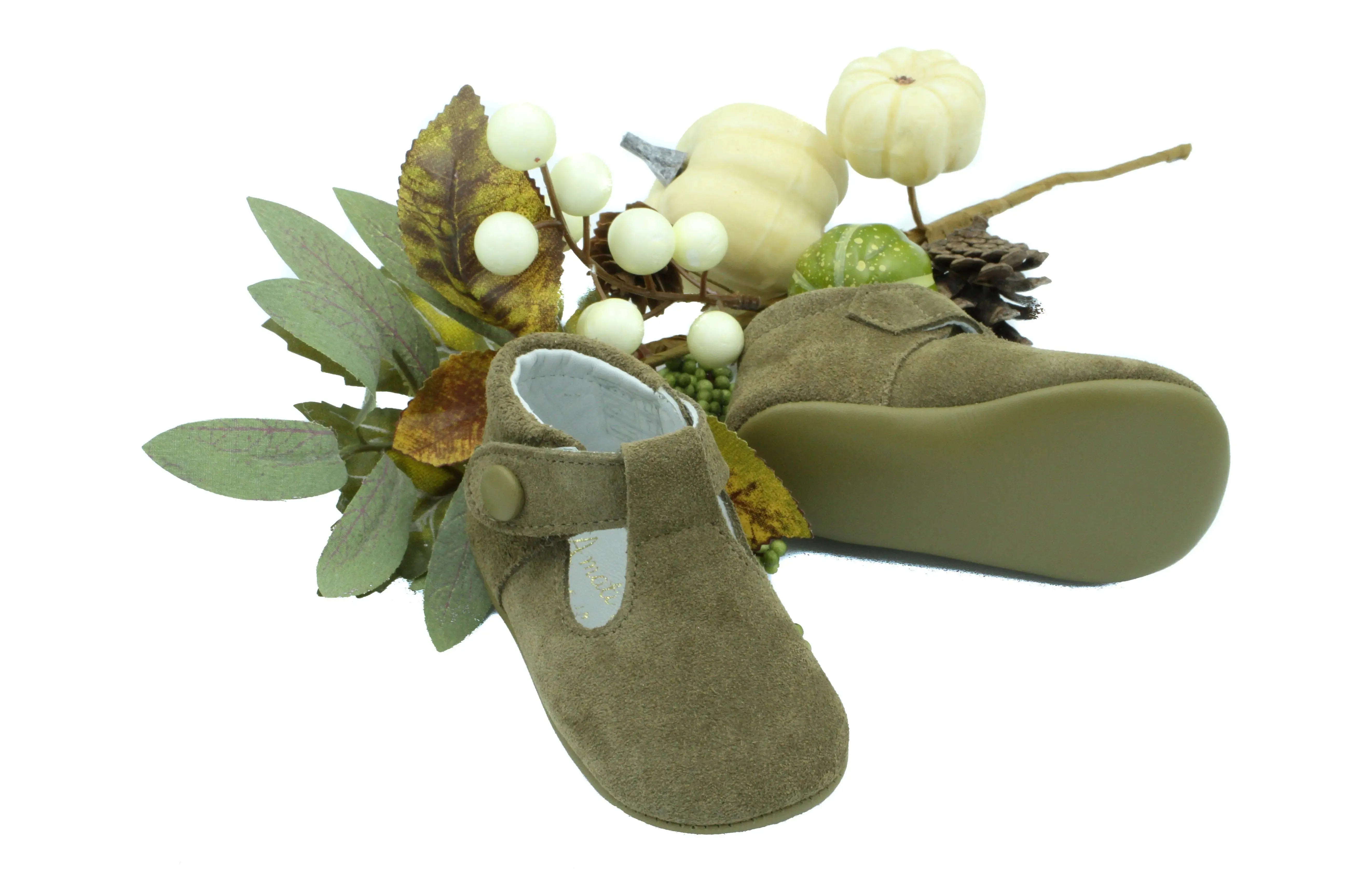 Nikolas- Olive Green Suede T-Bar Baby Shoes