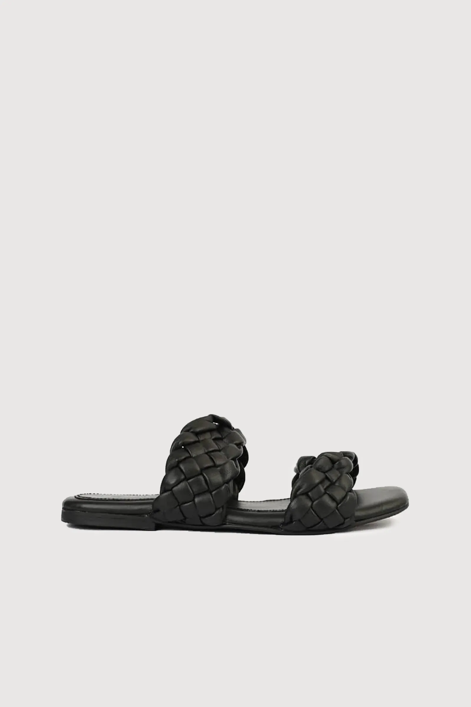 Novado - Flat 2 Strap Leather Sandal with Large Woven Design - Black