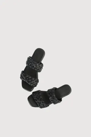 Novado - Flat 2 Strap Leather Sandal with Large Woven Design - Black