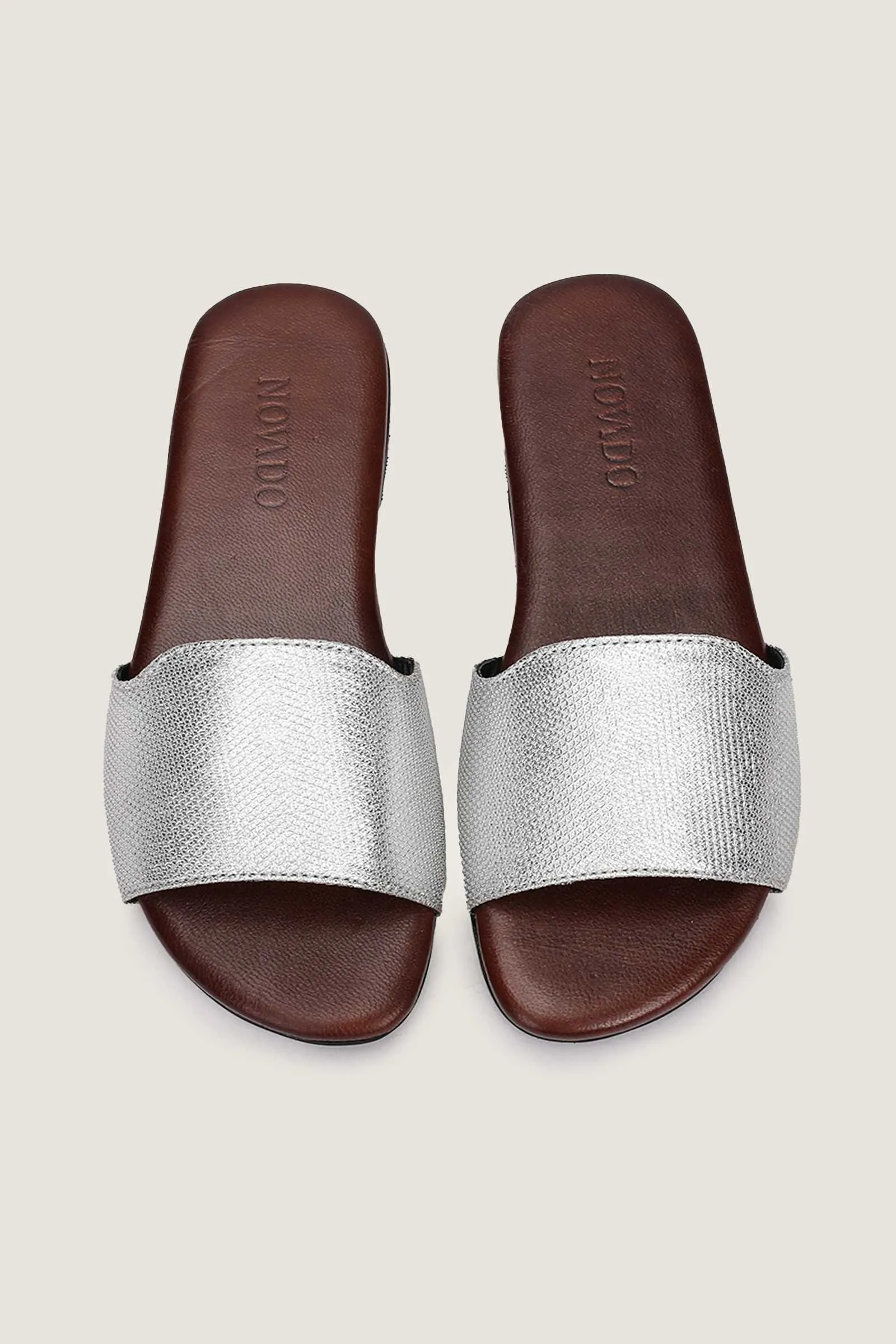 Novado - Flat Leather Sandals - Silver Foil