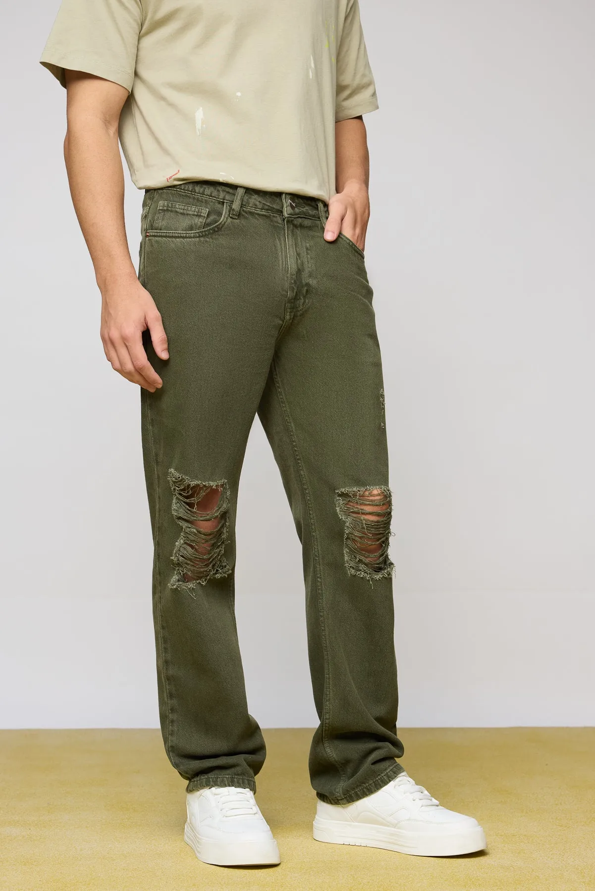 Olive Nomad Distressed Men's Wide Leg Jeans