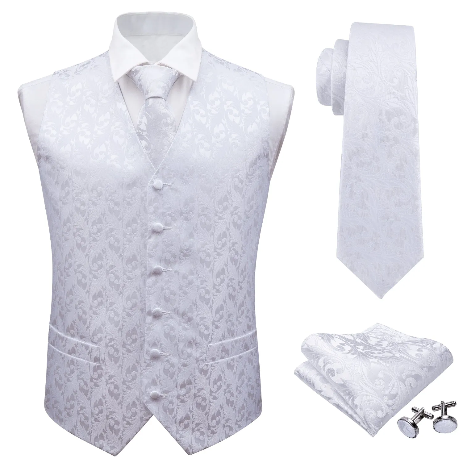 Pure White Floral Jacquard Silk Men's Vest Hanky Cufflinks Tie Set for Wedding