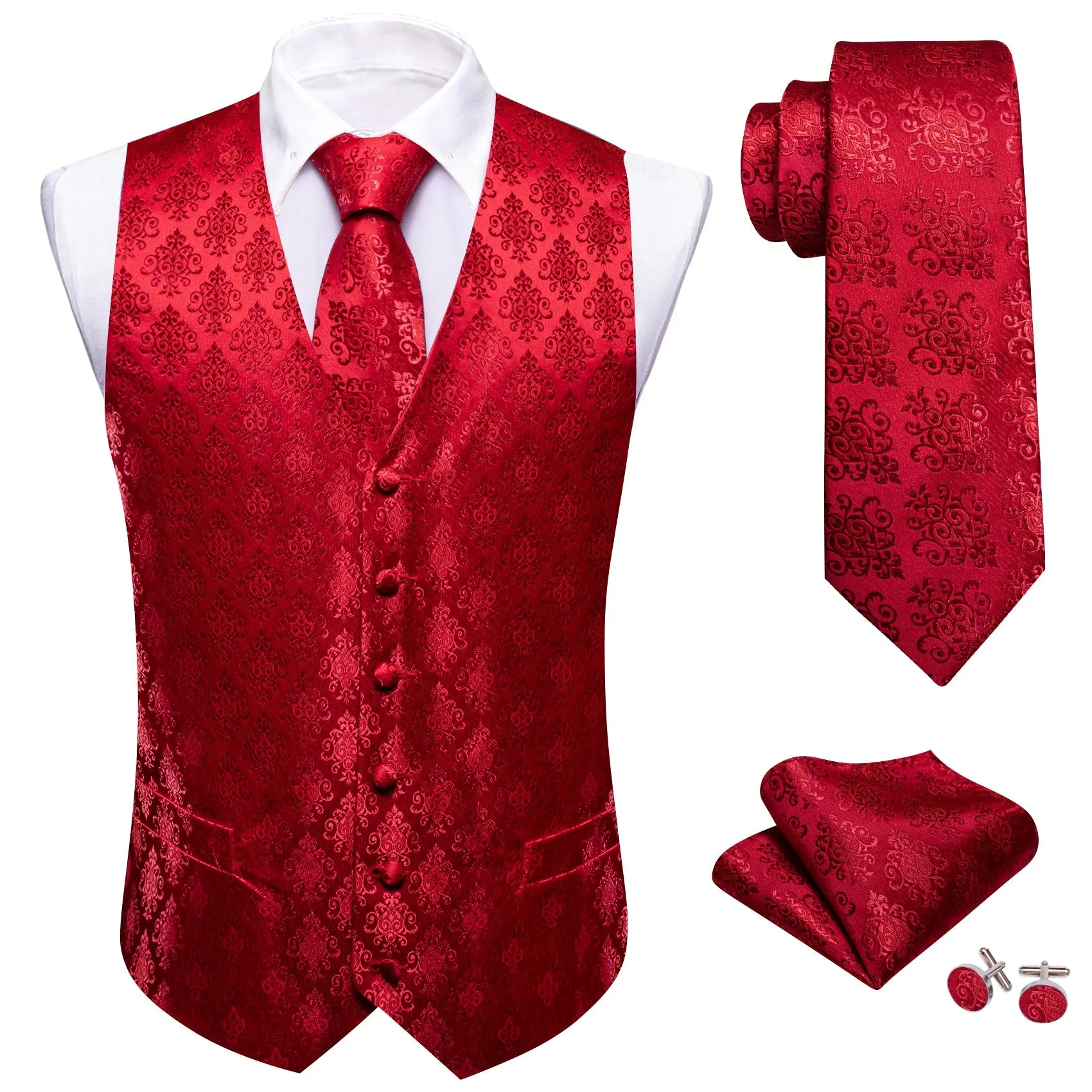 Red Jacquard Woven Classic Men's Vest Hanky Cufflinks Tie Set